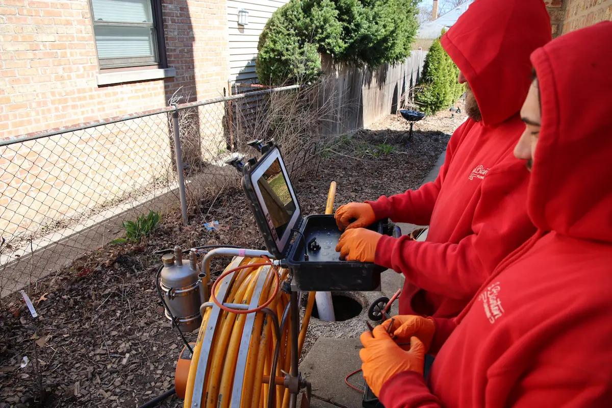 J. Blanton plumber reviewing the sewer camera feed on a monitor outside a Joliet home