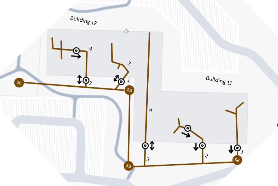 Sewer map showing common area drainage network across buildings 11 and 12