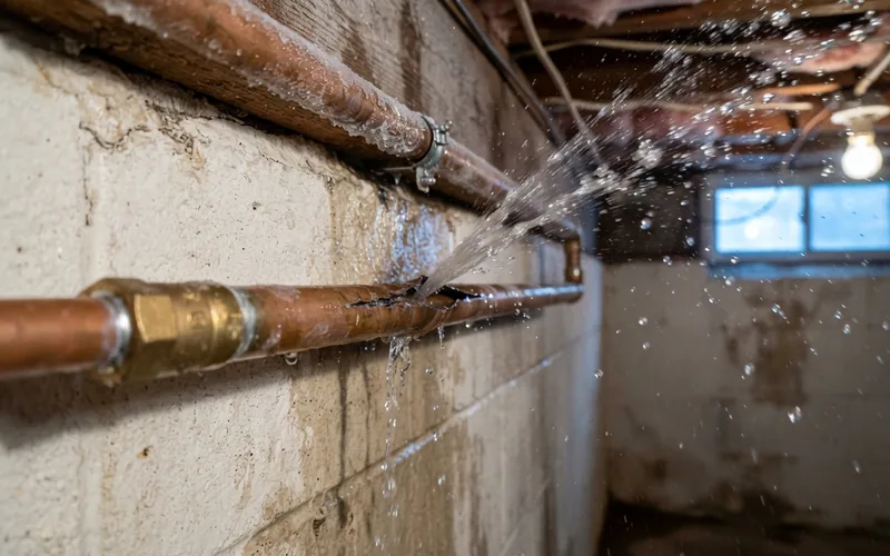 Water spraying from a split copper pipe along a basement foundation wall