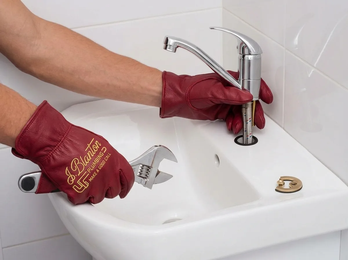 J. Blanton plumber in branded red leather gloves installing a new chrome faucet on a white bathroom sink with an adjustable wrench