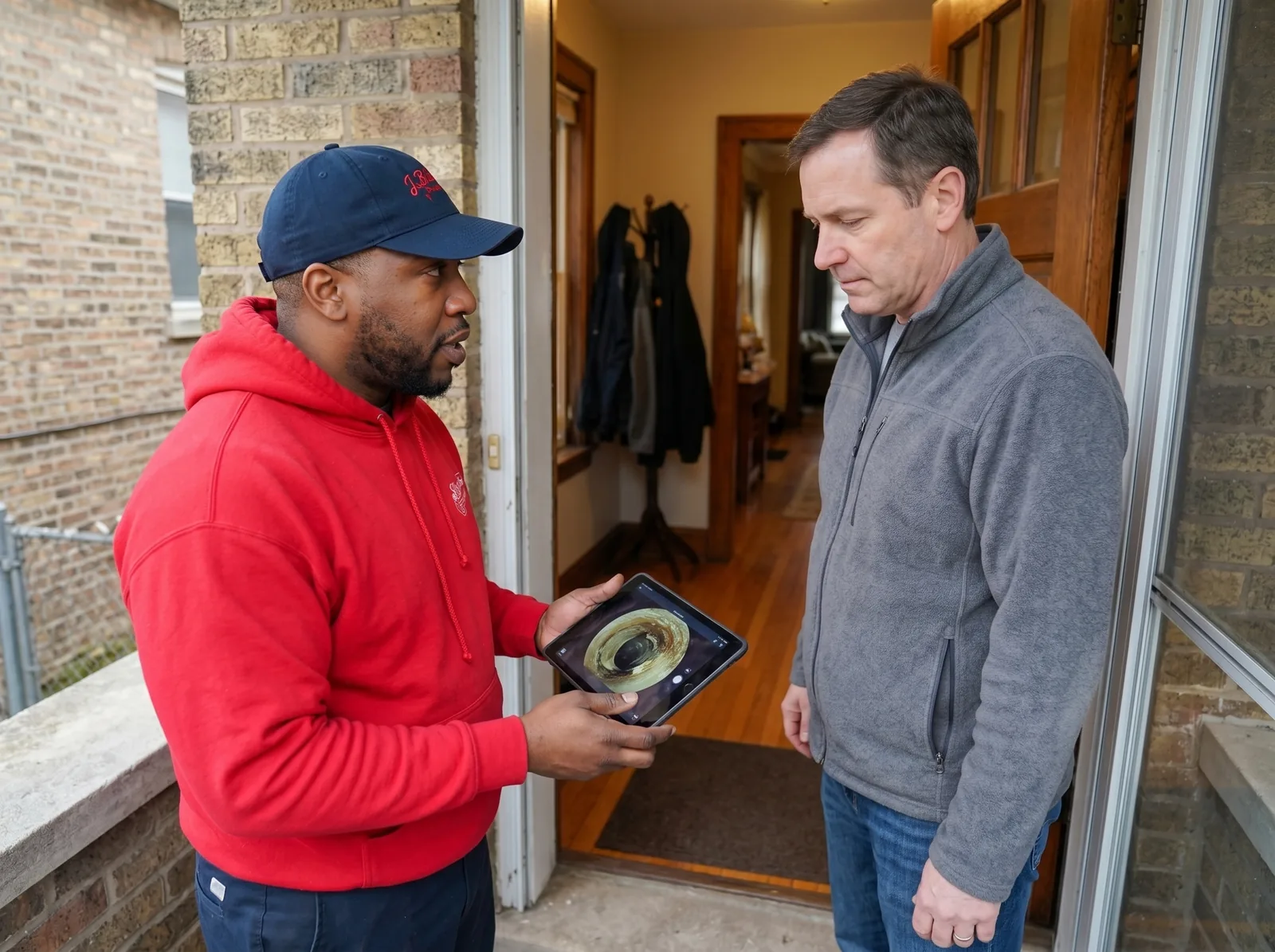 J. Blanton Plumbing technician at the front door of a brick home, showing a camera inspection feed on a tablet to a homeowner