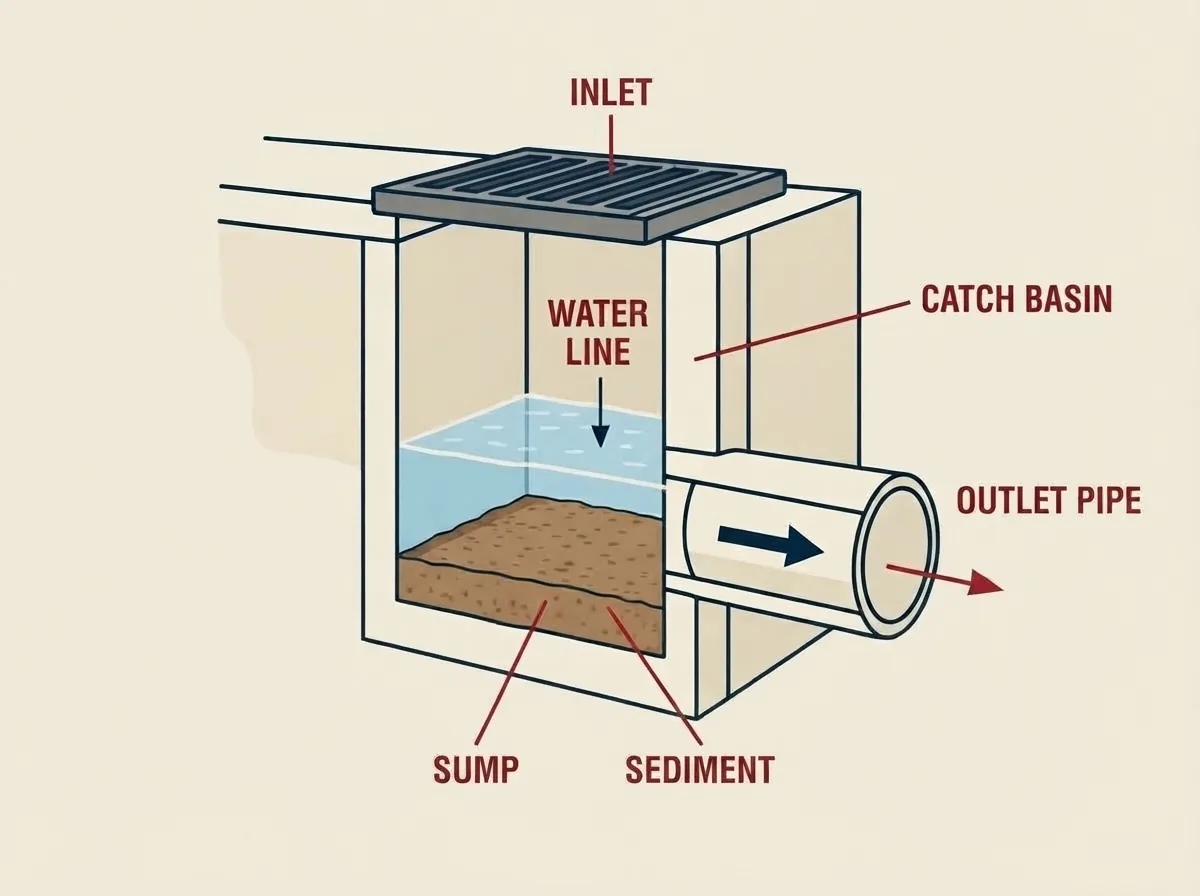 Diagram of a catch basin showing the inlet grate, water line, sediment settling in the sump and the outlet pipe carrying water away