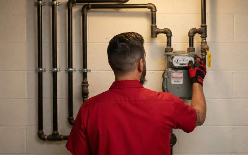 J. Blanton plumber working on the gas meter and black iron gas lines in a basement