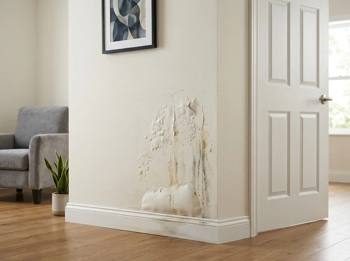 Interior wall with bubbling, cracked paint and water stains above the baseboard, a sign of a hidden leak behind the wall