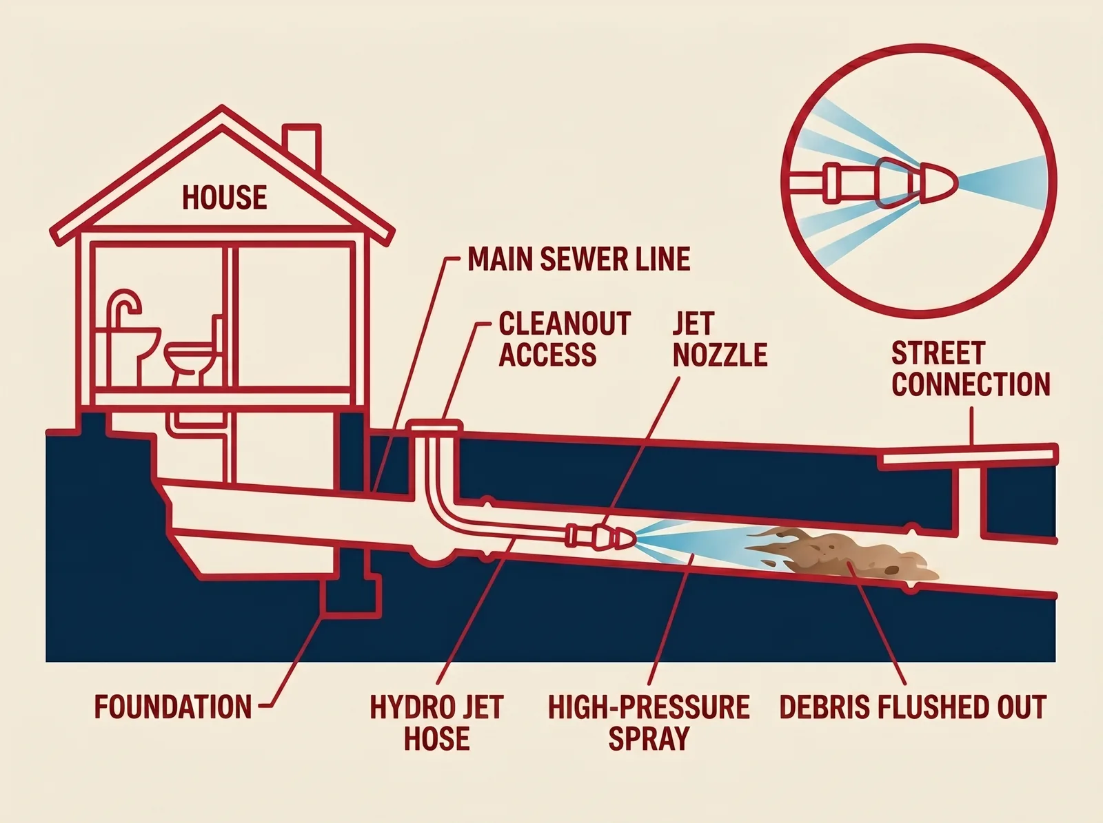 Diagram showing how hydro jetting clears a residential sewer line, with a cross-section view of the underground pipe, jet nozzle, high-pressure water spray, and debris being flushed toward the street connection