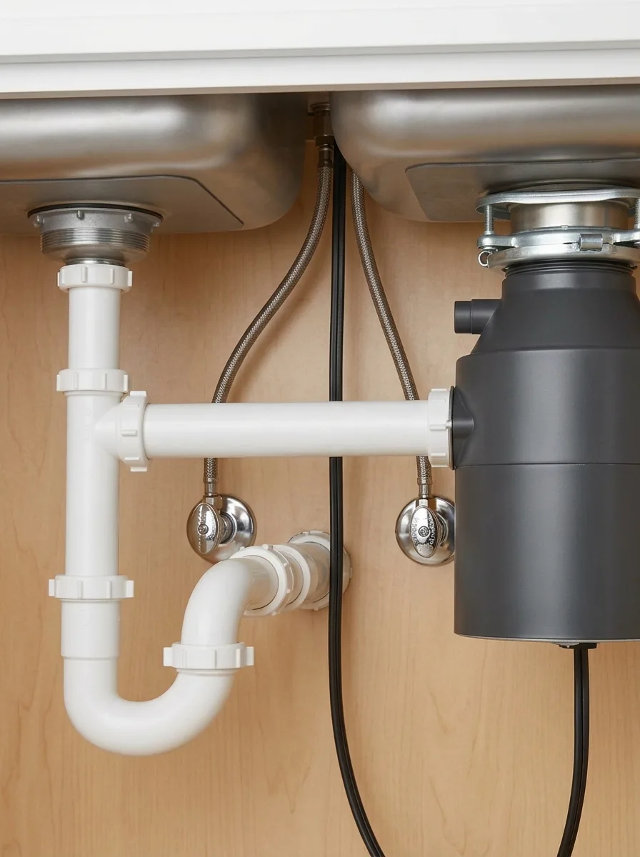 Plumbing under a double kitchen sink: white PVC drain and P-trap, braided supply lines with chrome shutoff valves, and a garbage disposal