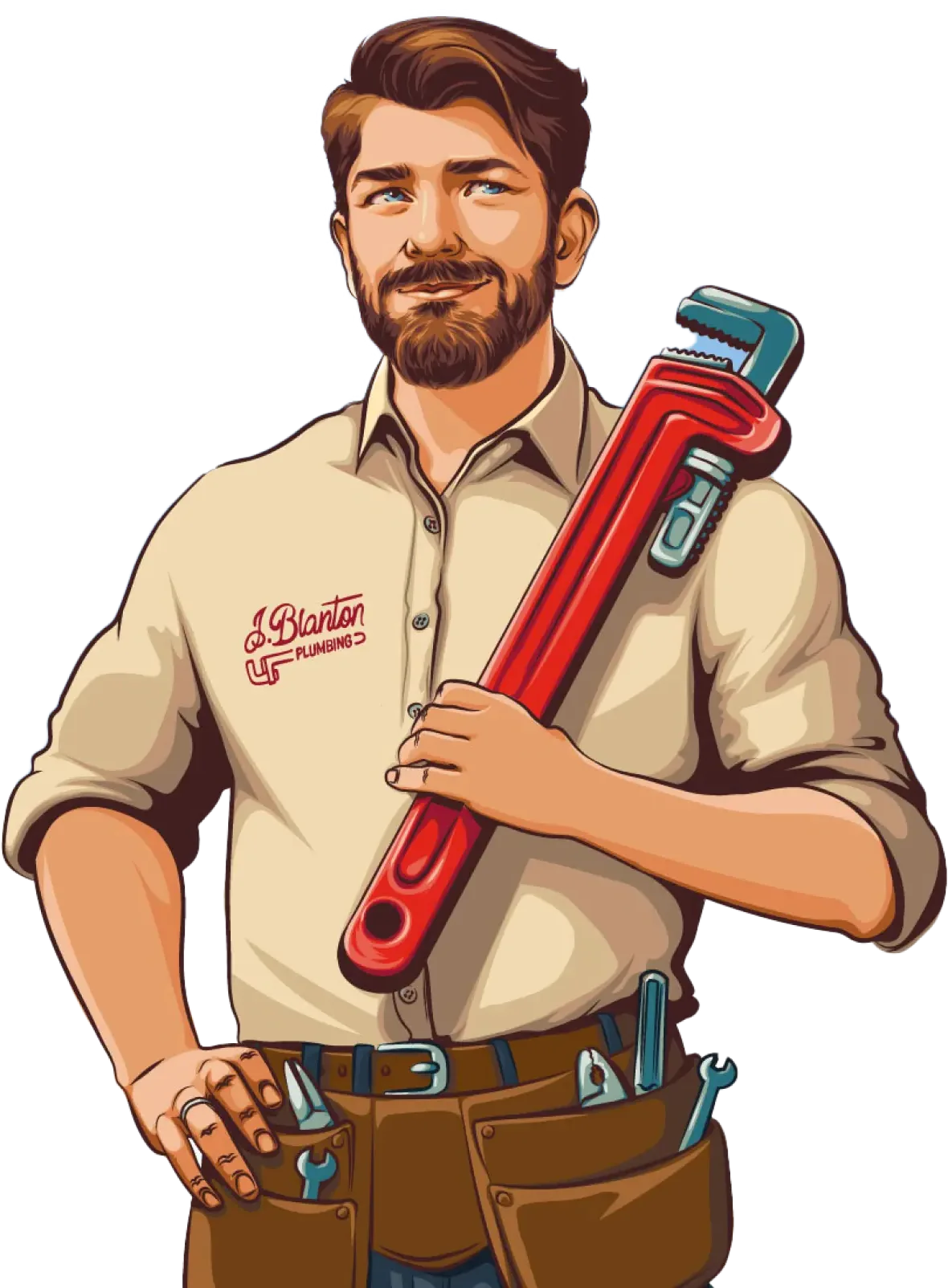 No Drip Club mascot: an illustrated J. Blanton plumber holding a red pipe wrench