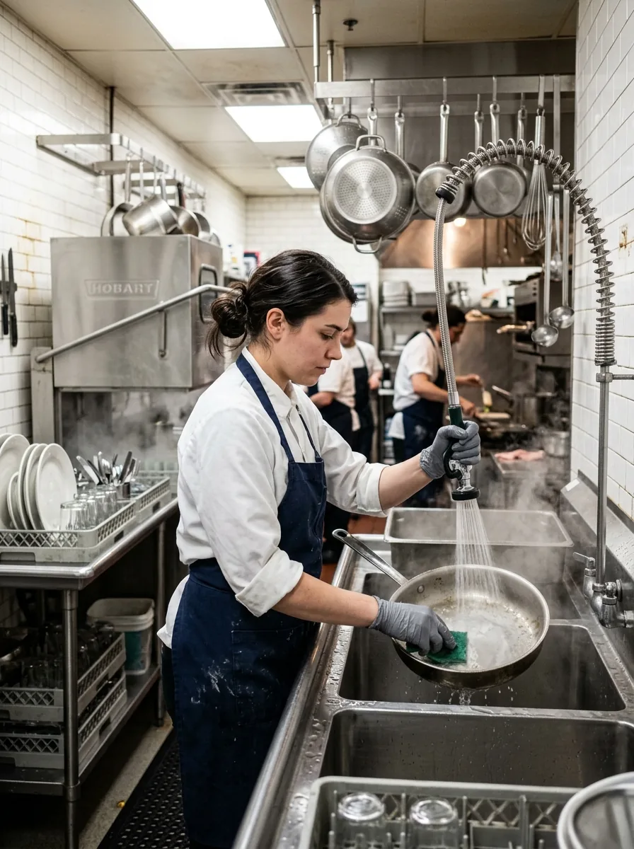 Dishwasher rinsing a pan under a pre-rinse sprayer at a stainless steel sink in a busy restaurant kitchen