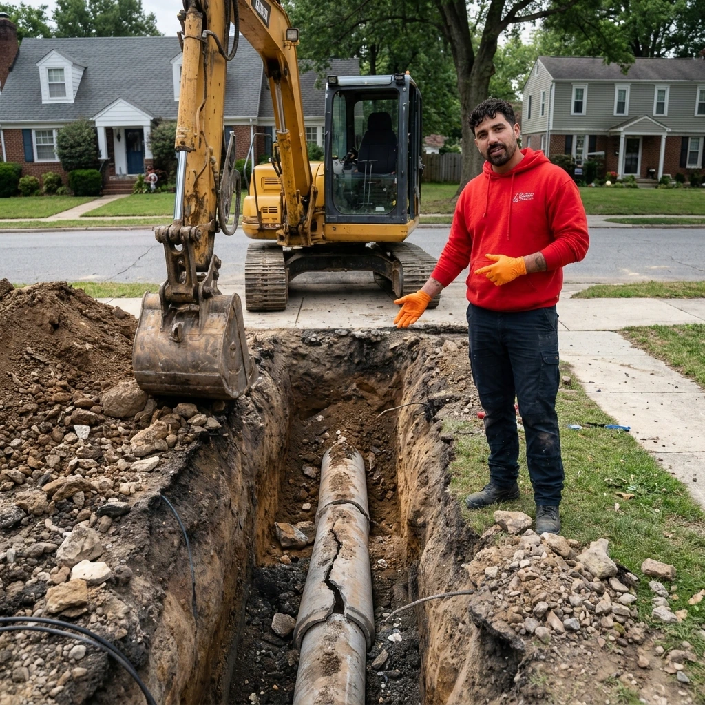 Traditional sewer excavation with a trench dug across the yard down to the damaged pipe, the kind of dig trenchless repair avoids