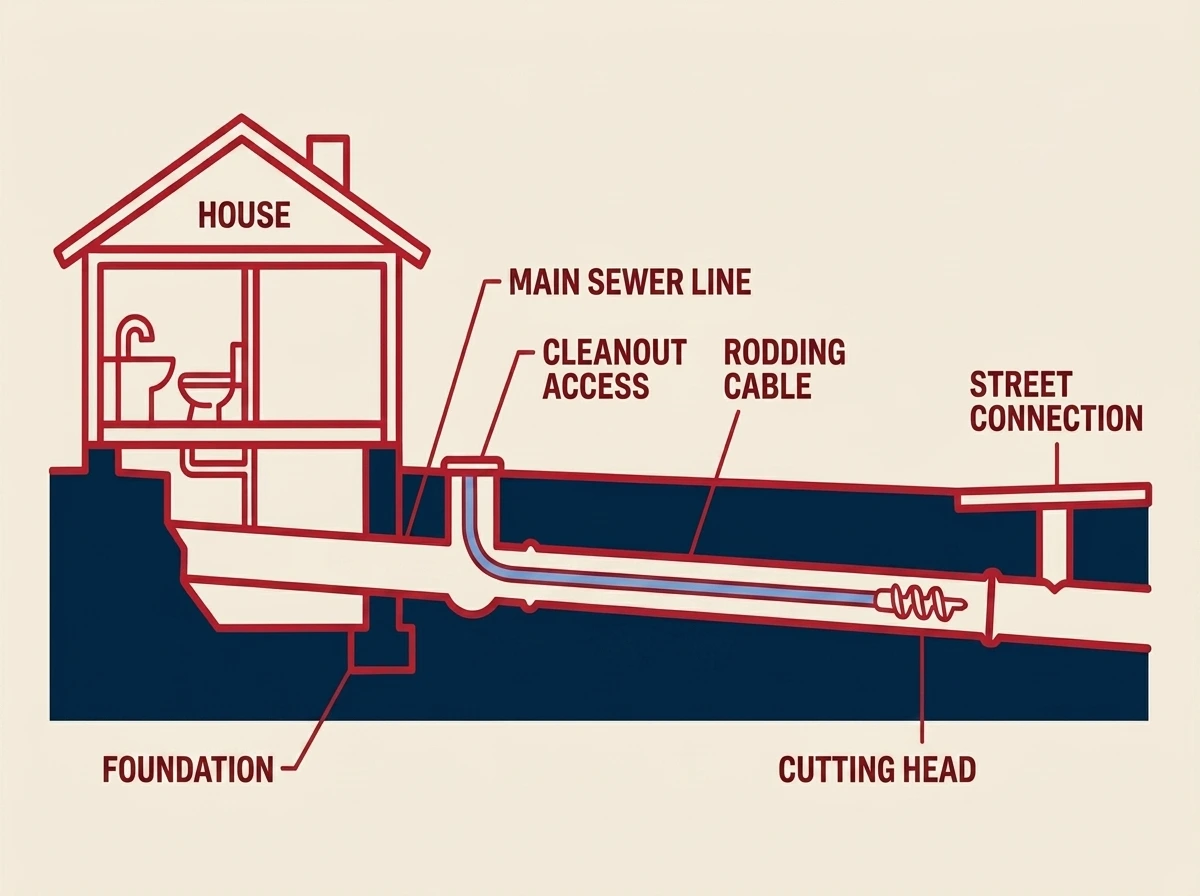 Diagram showing a rodding cable fed through a cleanout access point into the main sewer line, with a cutting head clearing the blockage toward the street connection