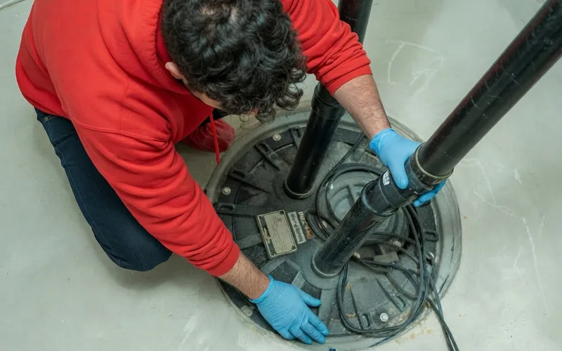 J. Blanton plumber working on the discharge pipe of a basement sump pump