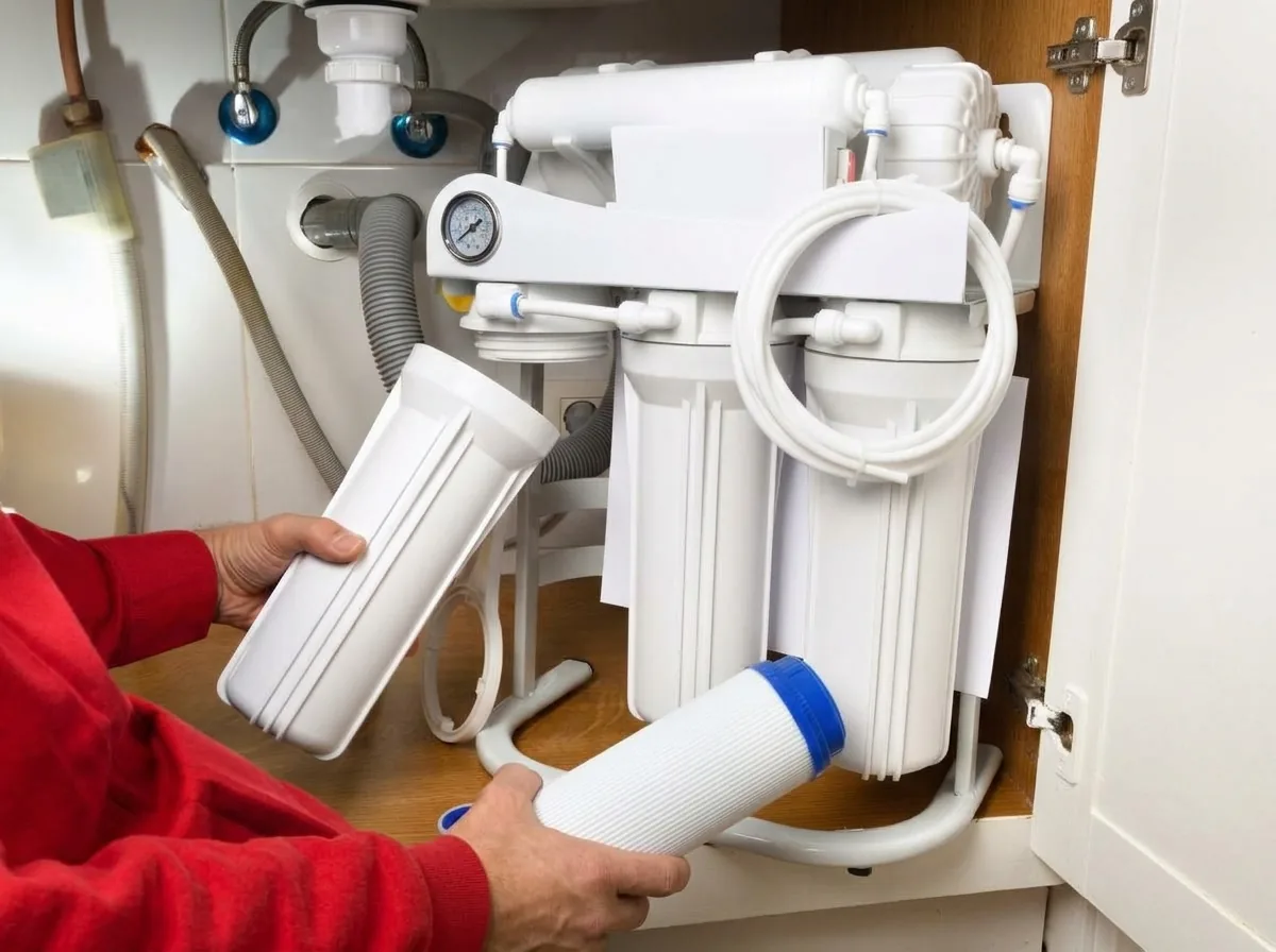 J. Blanton plumber replacing the filter cartridges on an under-sink reverse osmosis water filtration system
