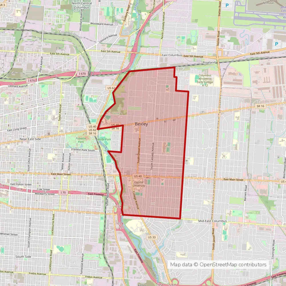 Service area map of Columbus Bexley, Ohio