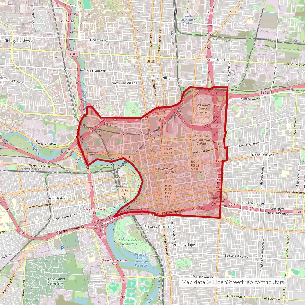 Service area map of Columbus Downtown, Ohio