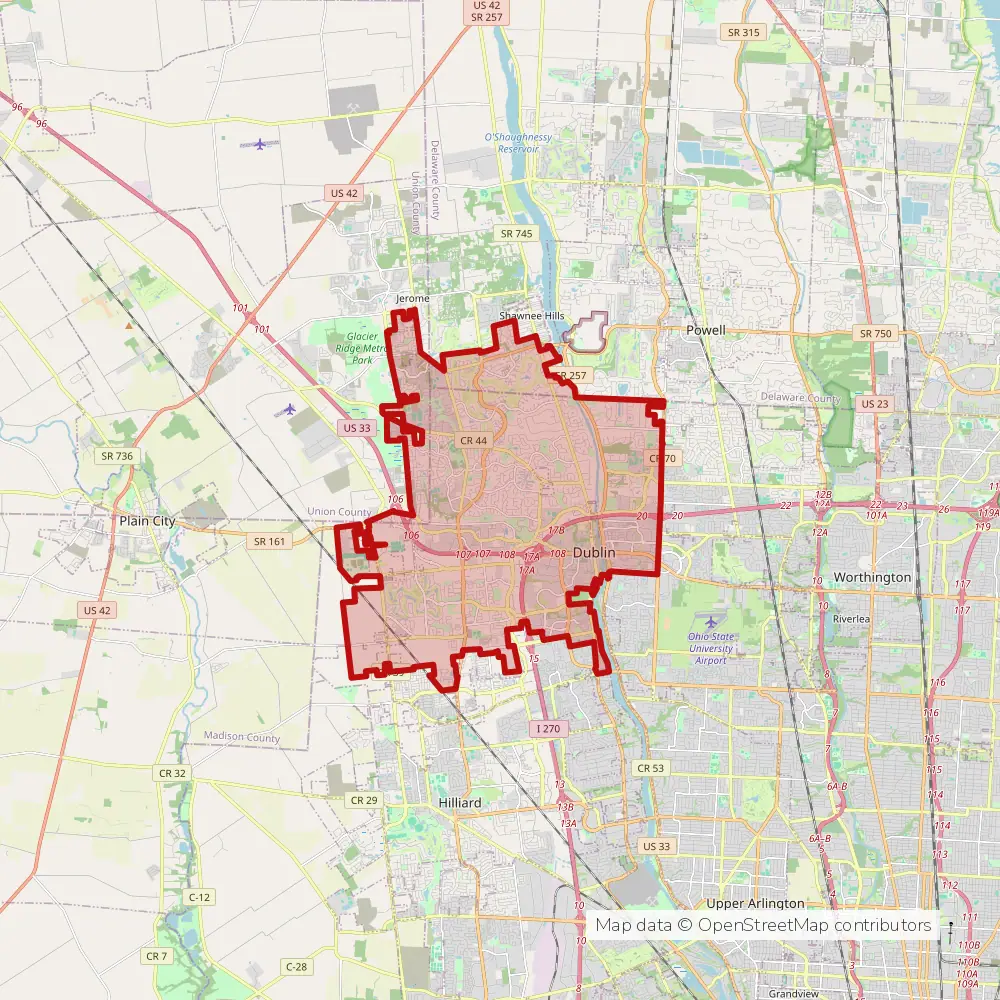 Service area map of Dublin, Ohio