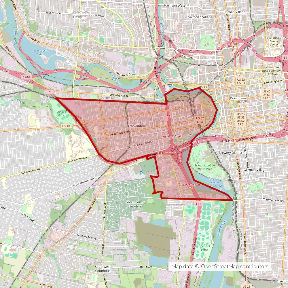Service area map of Columbus Franklinton, Ohio