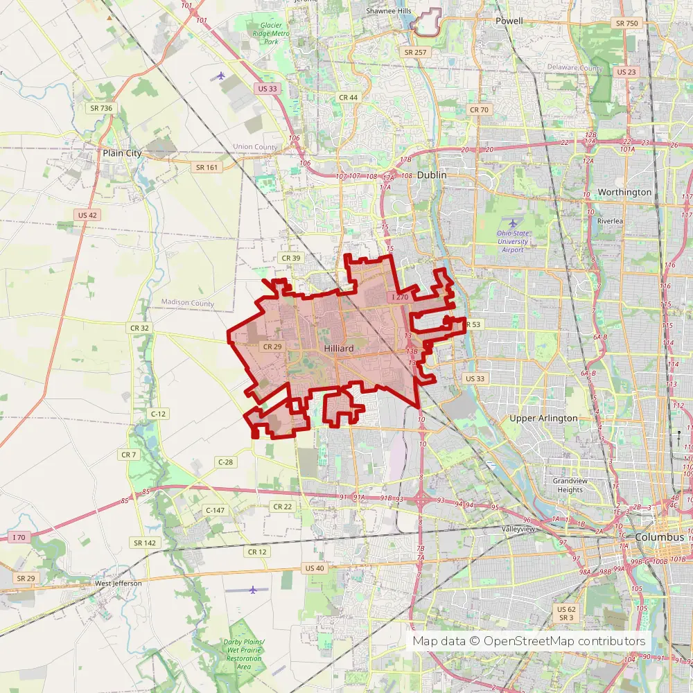 Service area map of Hilliard, Ohio