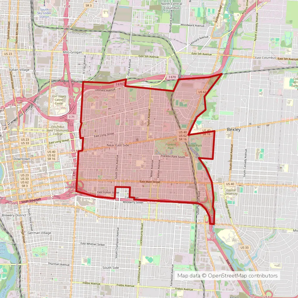 Service area map of Columbus Near East Side, Ohio