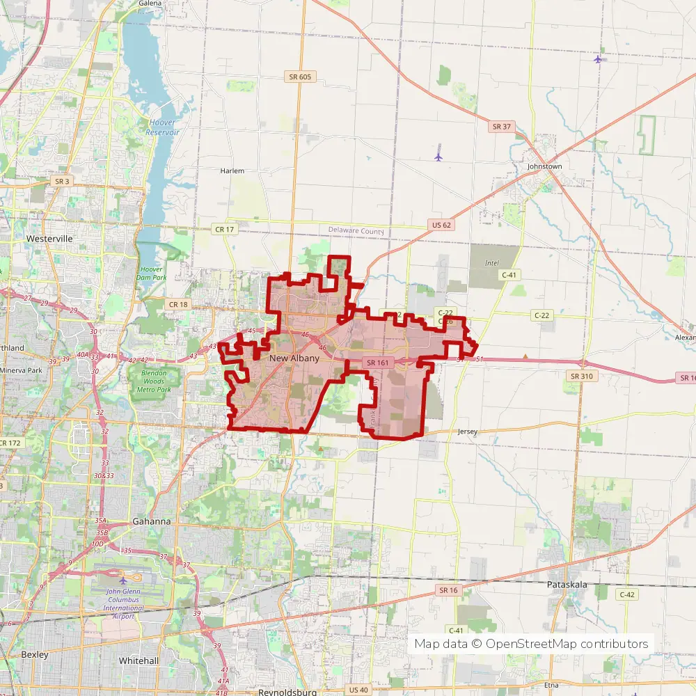 Service area map of New Albany, Ohio