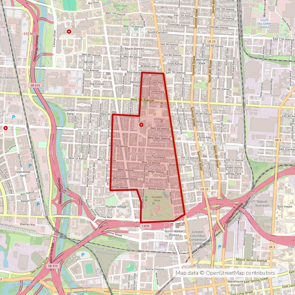 Service area map of Columbus Victorian Village, Ohio