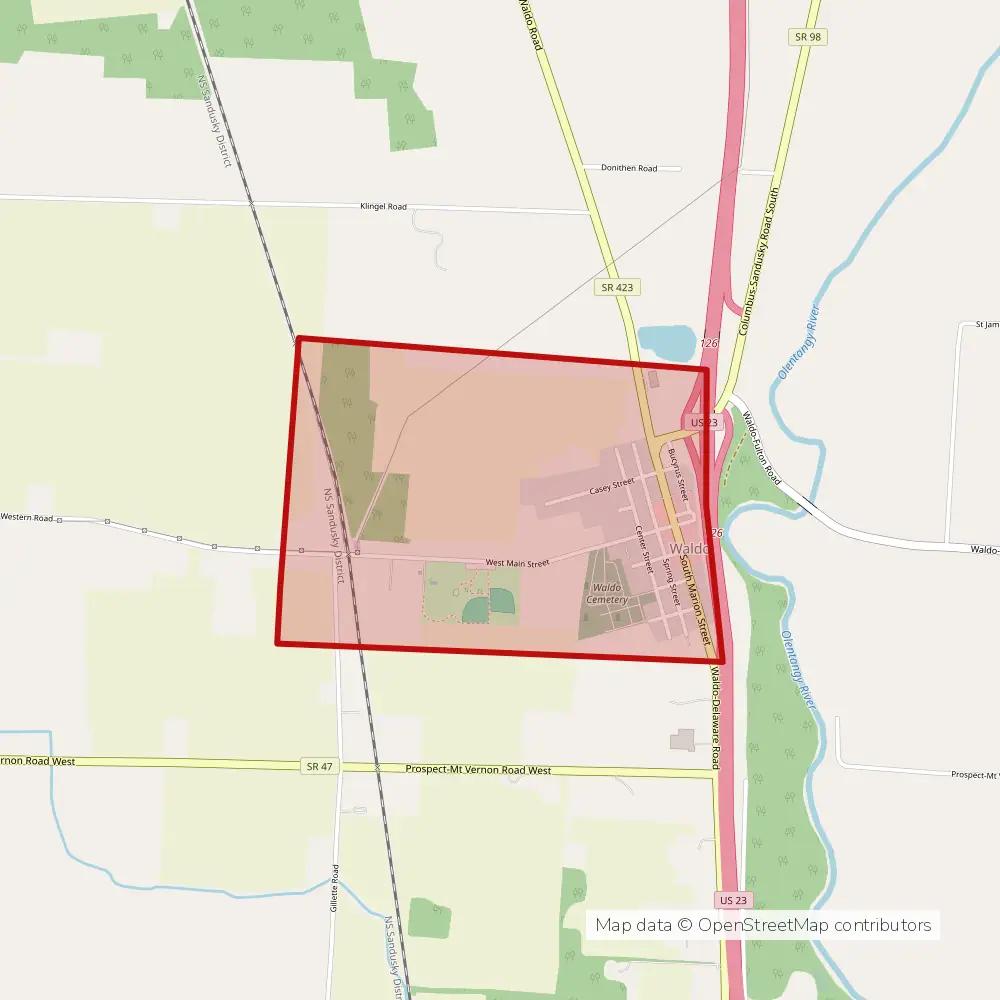Service area map of Waldo, Ohio