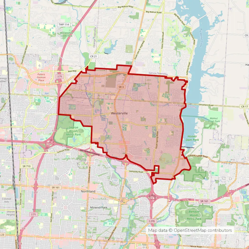 Service area map of Westerville, Ohio