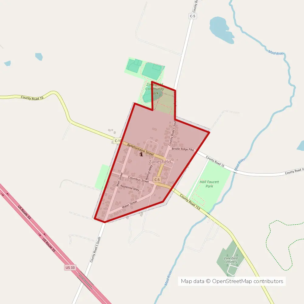 Service area map of Zanesfield, Ohio