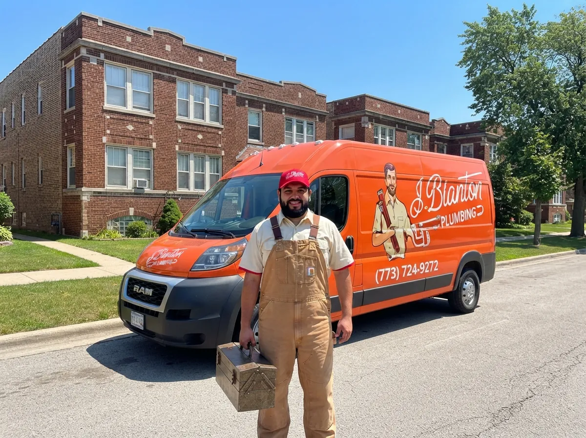 A J. Blanton Plumbing technician in tan overalls and a red cap stands in a residential street holding a metal toolbox, beside an orange J. Blanton Plumbing van parked outside a brick apartment building.