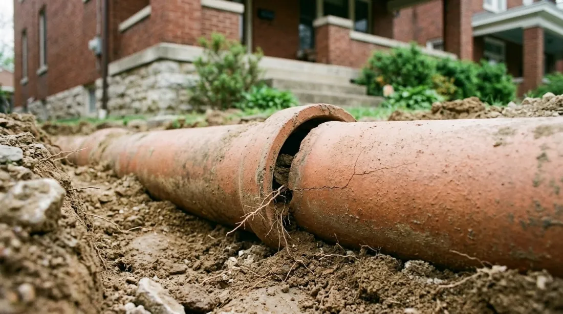 Cracked clay sewer pipe with tree roots growing through a joint, dug up in front of an older brick home