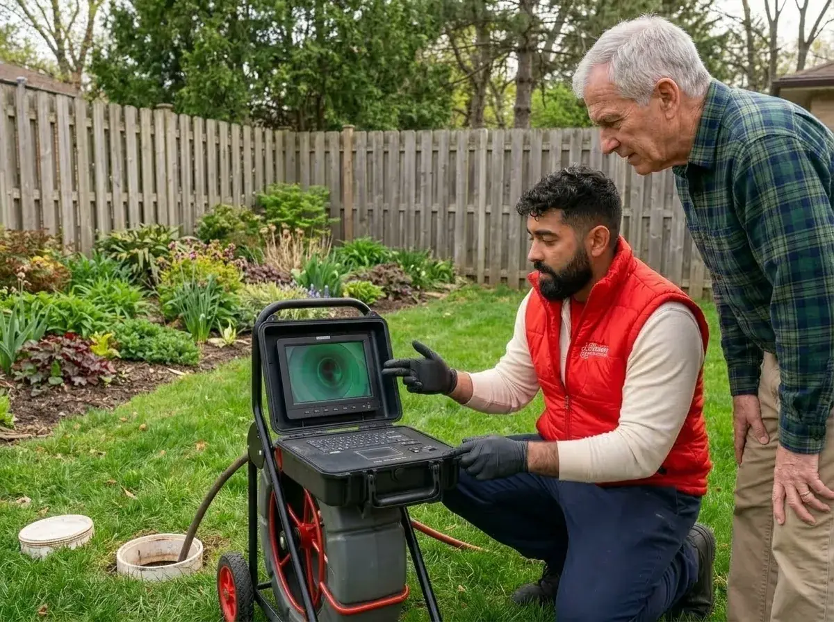 J. Blanton Plumbing technician showing an older homeowner the live sewer camera inspection feed on a monitor in the backyard