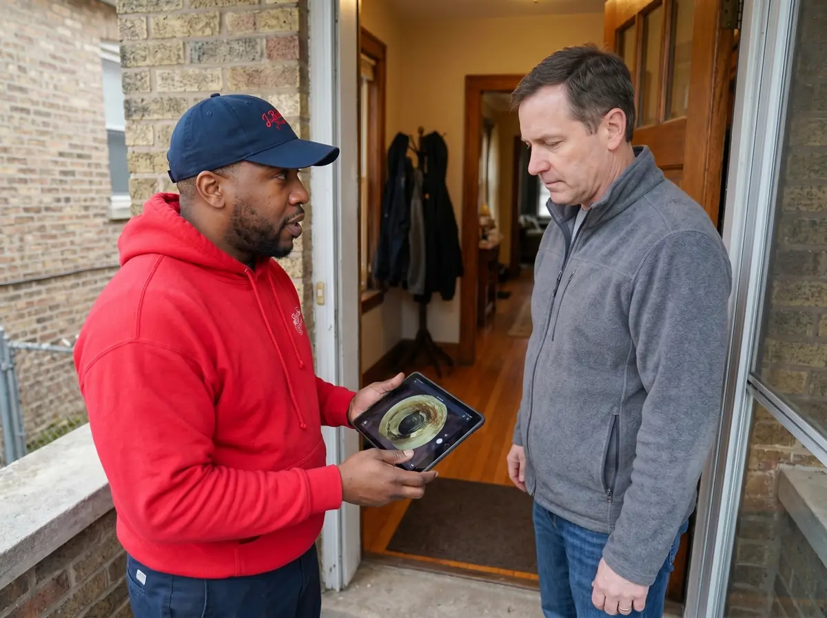 J. Blanton Plumbing technician at a homeowner's front door, showing sewer camera footage on a tablet and explaining the options before any work begins