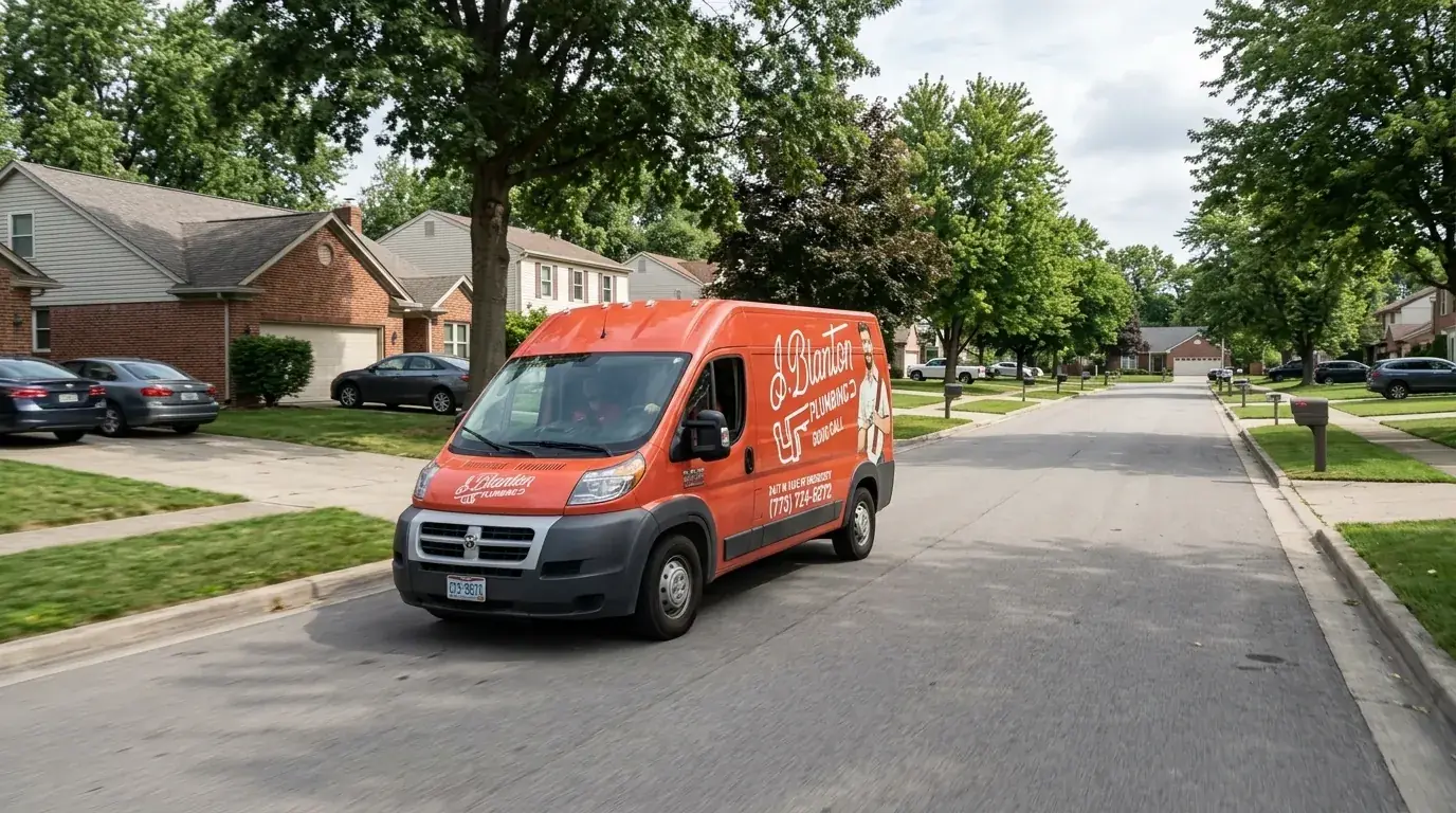 A red J. Blanton Plumbing service van driving down a tree-lined residential street