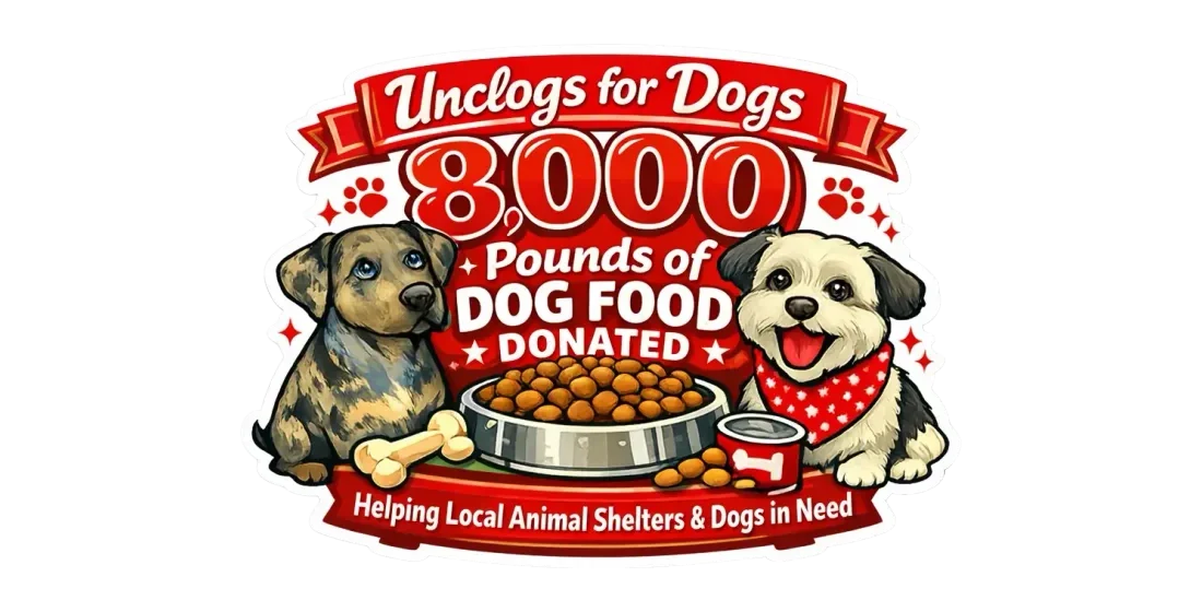 Unclogs for Dogs logo: 8,000 pounds of dog food donated, helping local animal shelters and dogs in need