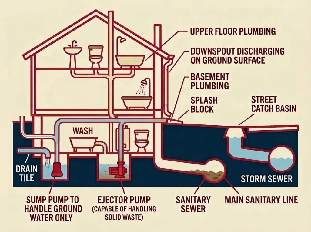 Diagram of an overhead sewer system: basement drains feed an ejector pump that lifts wastewater above flood level to the main sanitary line, with a separate sump pump for groundwater