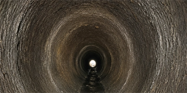 Corroded cast iron sewer pipe interior