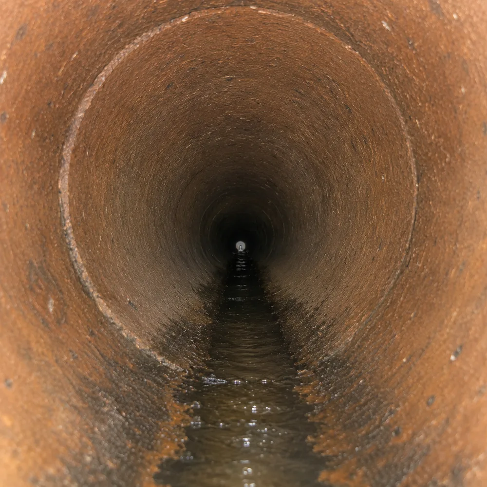 Clay sewer pipe interior with root intrusion at a joint