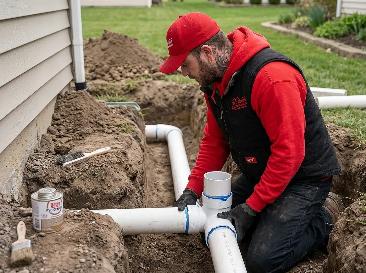J. Blanton Plumbing technician gluing PVC pipe fittings in an excavated trench during a new sewer line installation