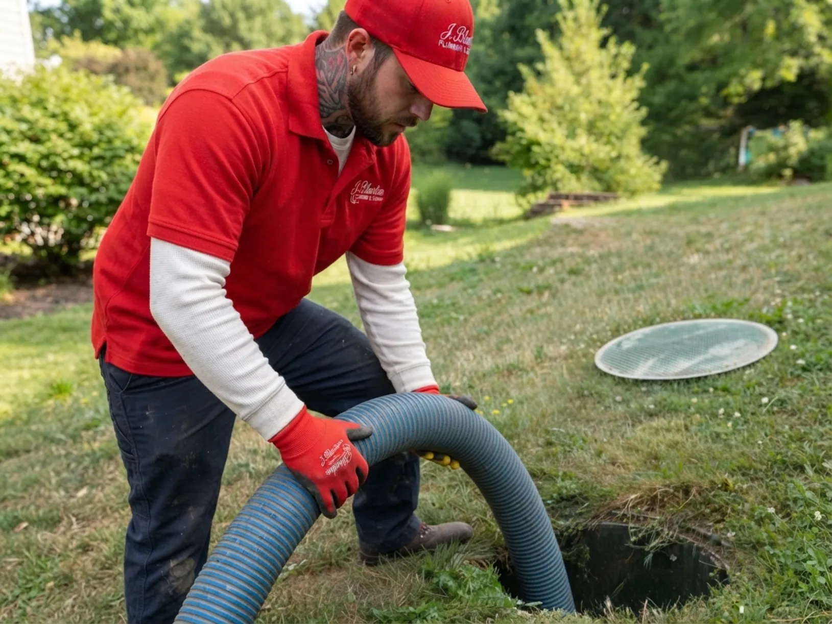 J. Blanton Plumbing technician guiding a hose into a sewer line access point during a replacement job