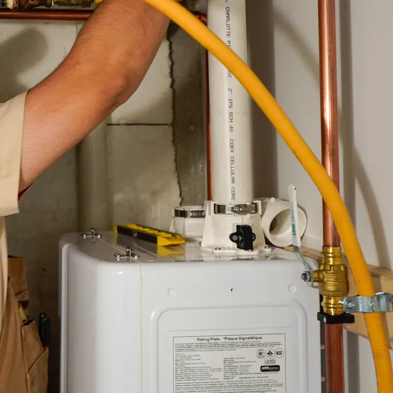 Wall-mounted tankless water heater with its gas line and vent pipe